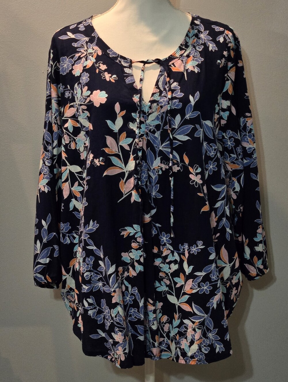 St. John's Bay Navy Floral Tie-Neck Blouse